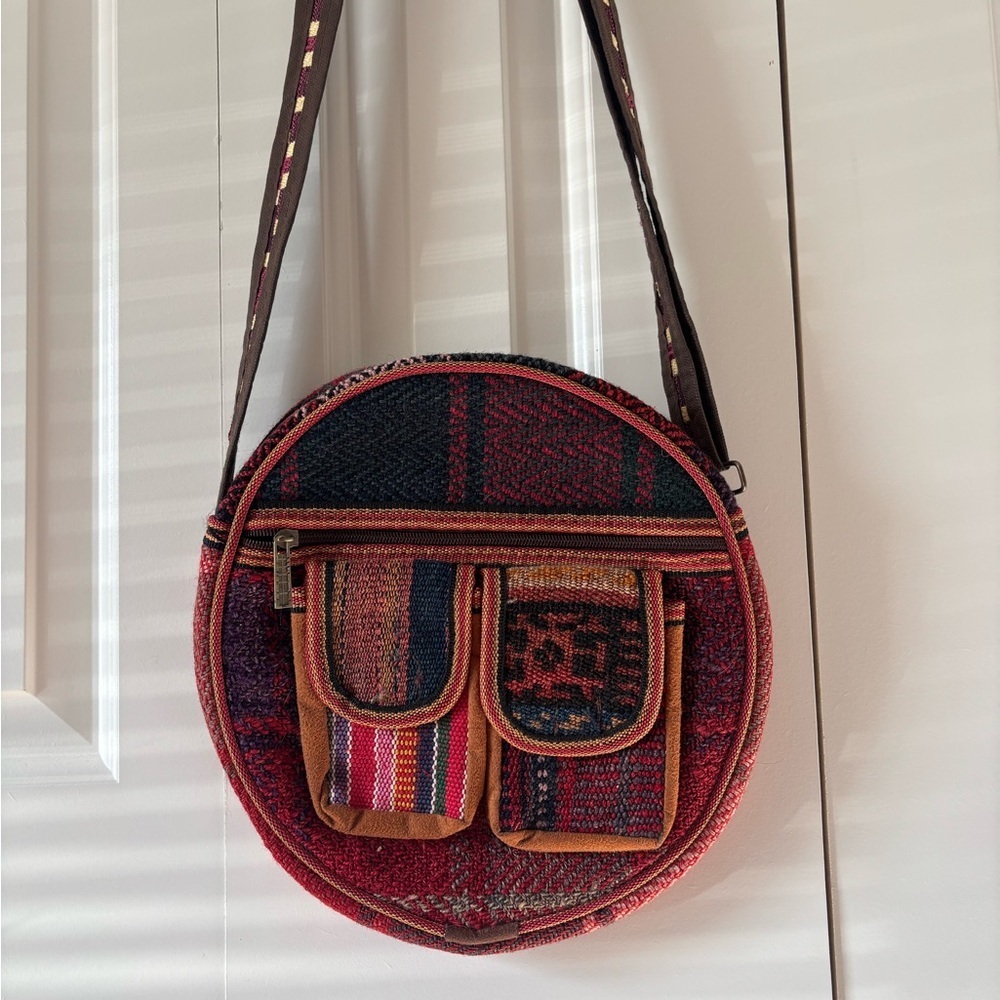 Boho Round Crossbody Bag in Red and Black - Picture 2 of 12